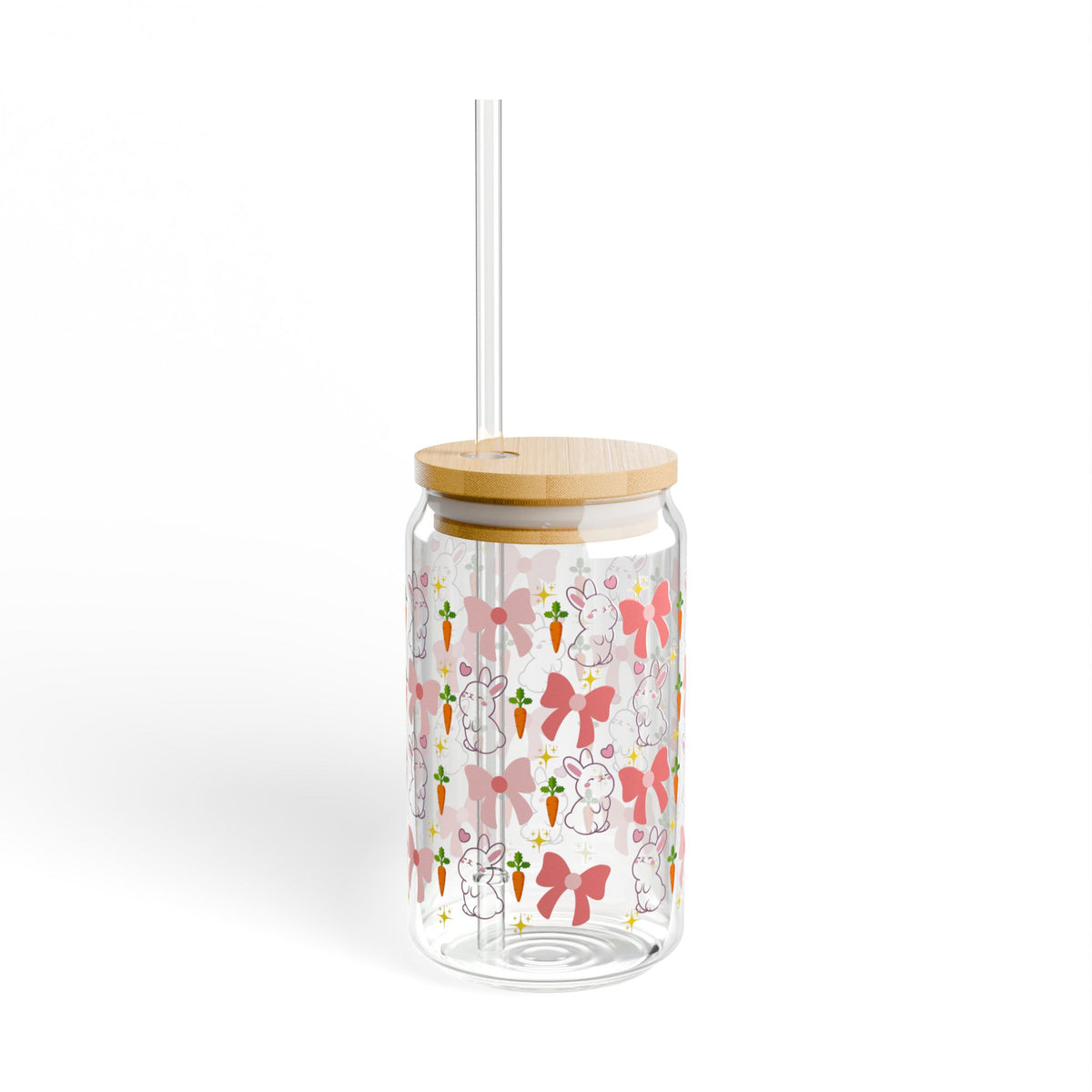 Bunny Pattern 16oz Glass Sipper with Straw — Cute Pastel Easter Design