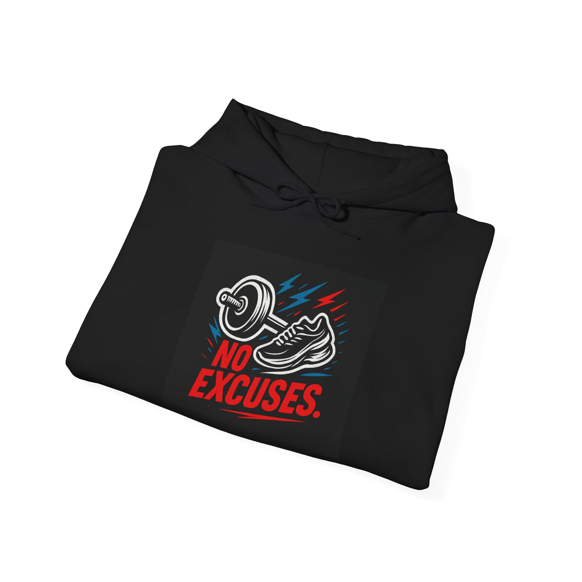 No Excuses Gym Hoodie — Motivational Fitness Sweatshirt with Dumbbell & Shoe Graphic