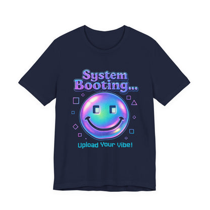 System Booting Smiley Tee — “Upload Your Vibe!” Retro Cybercore Graphic T-Shirt