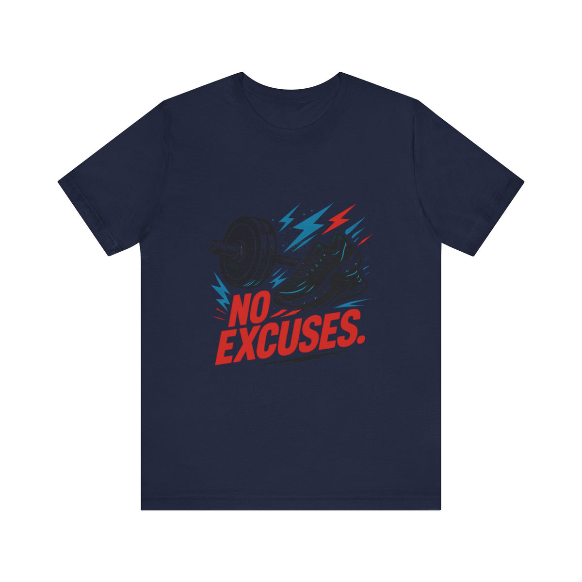 No Excuses Fitness Tee — Motivational Workout T-Shirt with Sneakers & Barbell Graphic