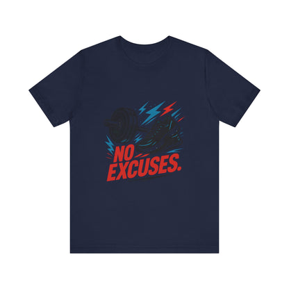 No Excuses Fitness Tee — Motivational Workout T-Shirt with Sneakers & Barbell Graphic