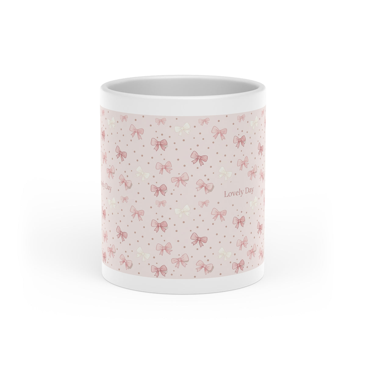 Pink Bow Pattern Mug — "Lovely Day" Ceramic Coffee Cup, Cute Romantic Gift for Her