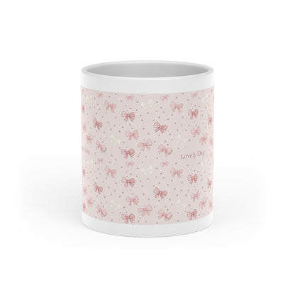 Pink Bow Pattern Mug — "Lovely Day" Ceramic Coffee Cup, Cute Romantic Gift for Her