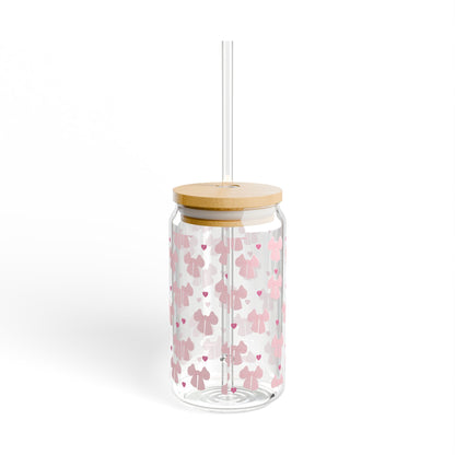 16oz Floral Heart Sipper Glass – Reusable Straw Drink Jar for Summer & Gifts