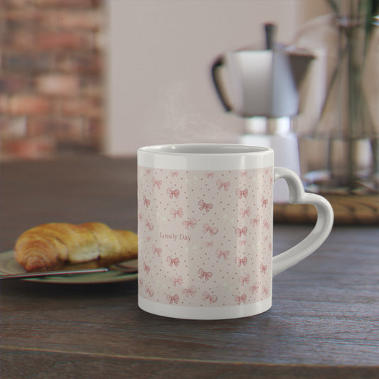 Pink Bow Pattern Mug — "Lovely Day" Ceramic Coffee Cup, Cute Romantic Gift for Her