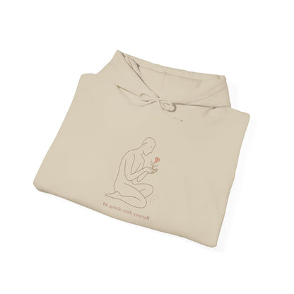 Minimal Line Art Hoodie — Figure Holding Heart Flower Illustration