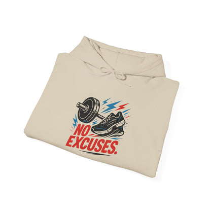 No Excuses Gym Hoodie — Motivational Fitness Sweatshirt with Dumbbell & Shoe Graphic