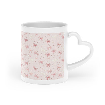 Pink Bow Pattern Mug — "Lovely Day" Ceramic Coffee Cup, Cute Romantic Gift for Her