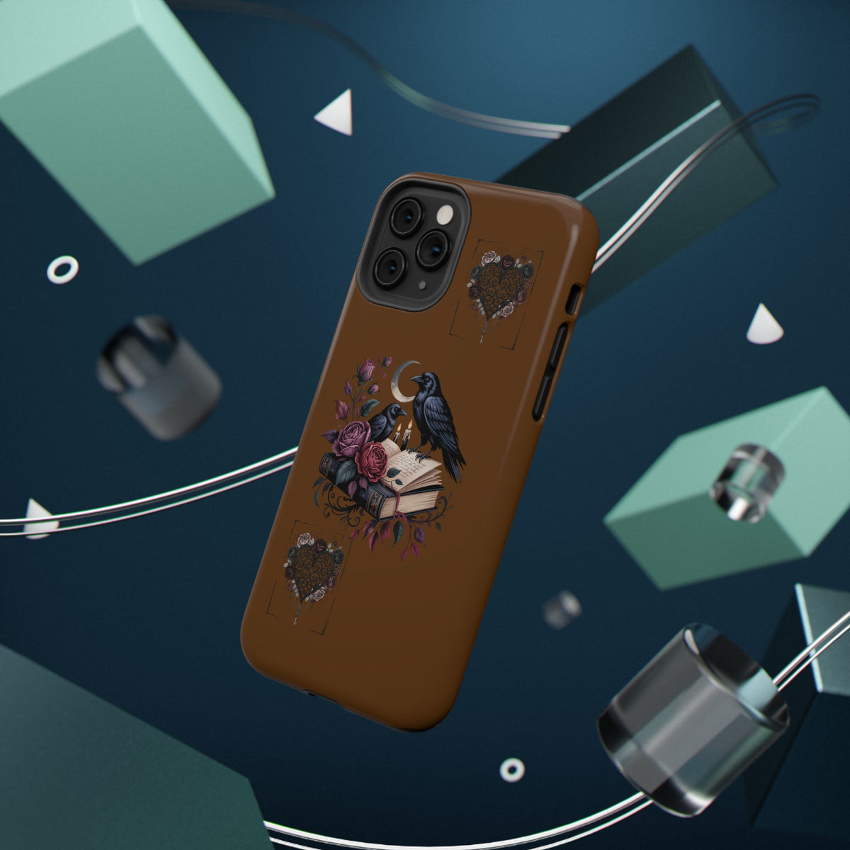 Raven & Roses Phone Case — Impact-Resistant Protective Case with Moon, Books & Floral Gothic Design