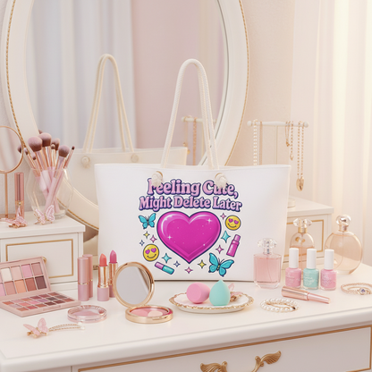 Weekender Bag — "Feeling Cute, Might Delete Later" Heart Graphic Travel Tote