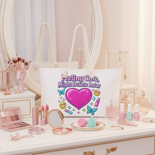 Weekender Bag — "Feeling Cute, Might Delete Later" Heart Graphic Travel Tote