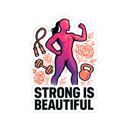 Strong Is Beautiful Sticker — Motivational Fitness Kiss-Cut Sticker for Women (Kettlebell, Dumbbell & Jump Rope Design)