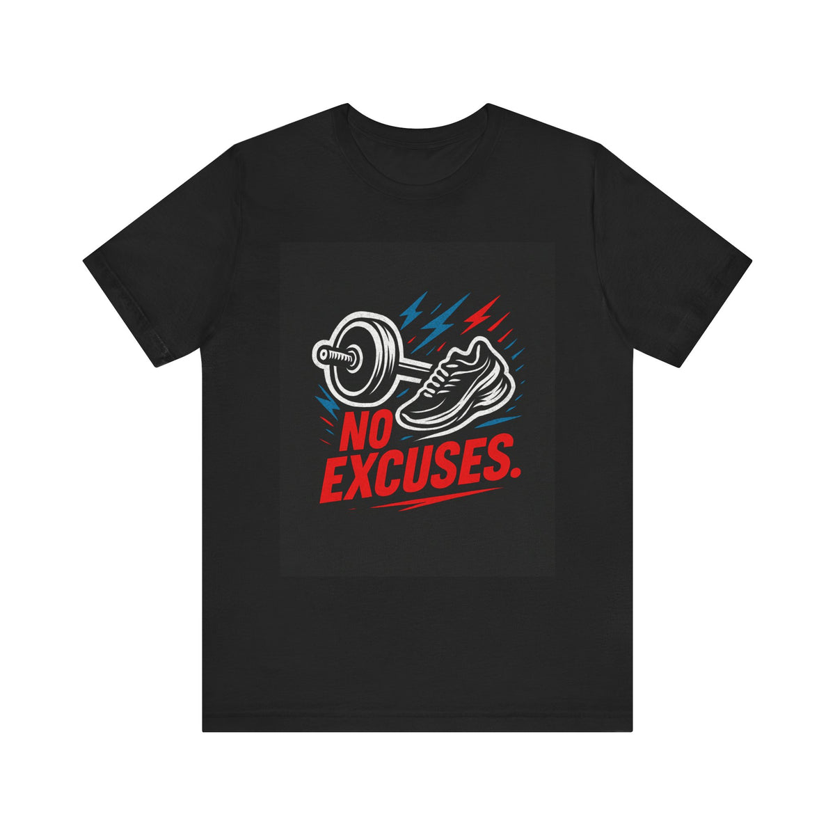 No Excuses Fitness Tee — Motivational Workout T-Shirt with Sneakers & Barbell Graphic