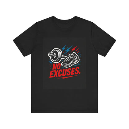 No Excuses Fitness Tee — Motivational Workout T-Shirt with Sneakers & Barbell Graphic