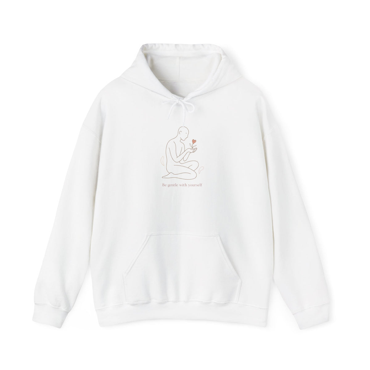 Minimal Line Art Hoodie — Figure Holding Heart Flower Illustration