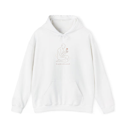 Minimal Line Art Hoodie — Figure Holding Heart Flower Illustration