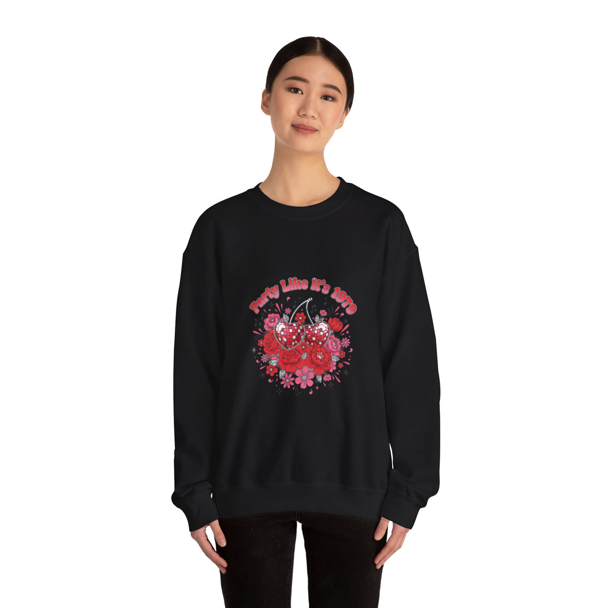 Disco Cherry Hearts Retro Romance Sweatshirt | sparkly hearts, glitter floral