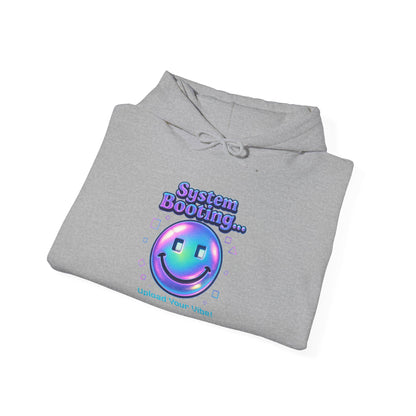 Hoodie — “System Booting” Retro Holographic Smiley Tech Hoodie