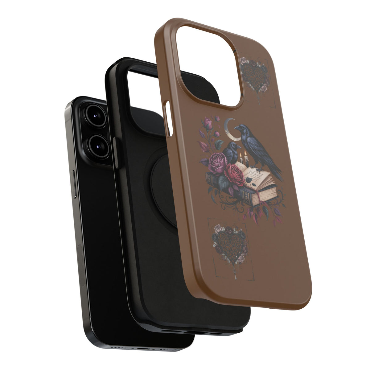 Raven & Roses Phone Case — Impact-Resistant Protective Case with Moon, Books & Floral Gothic Design