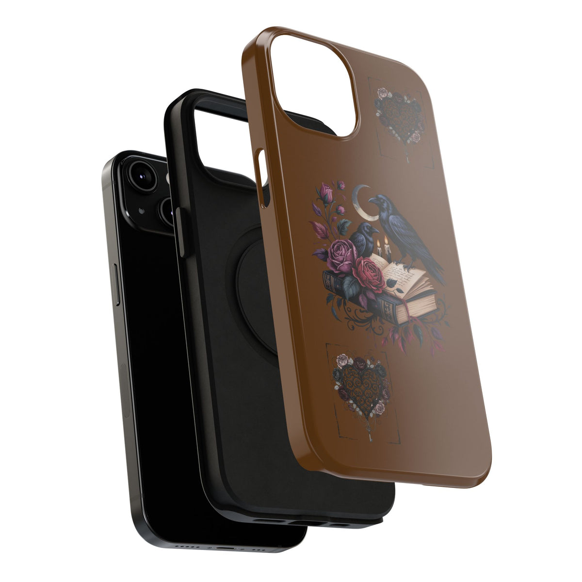 Raven & Roses Phone Case — Impact-Resistant Protective Case with Moon, Books & Floral Gothic Design