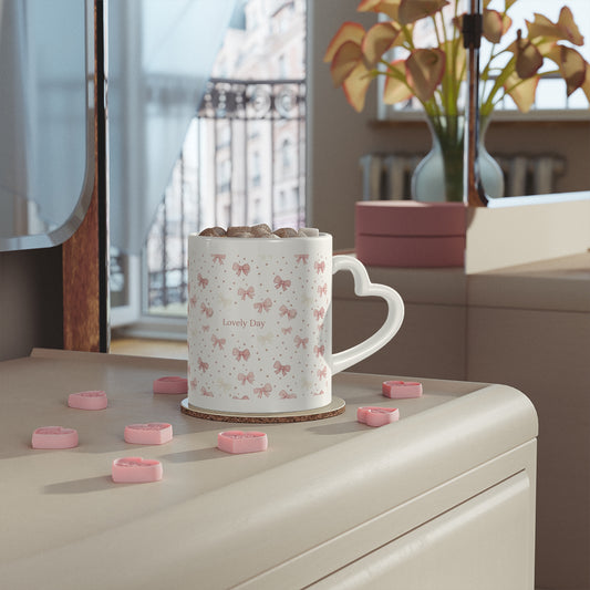 Heart Mug — Pink Bow Pattern 'Lovely Day' Ceramic Coffee Cup