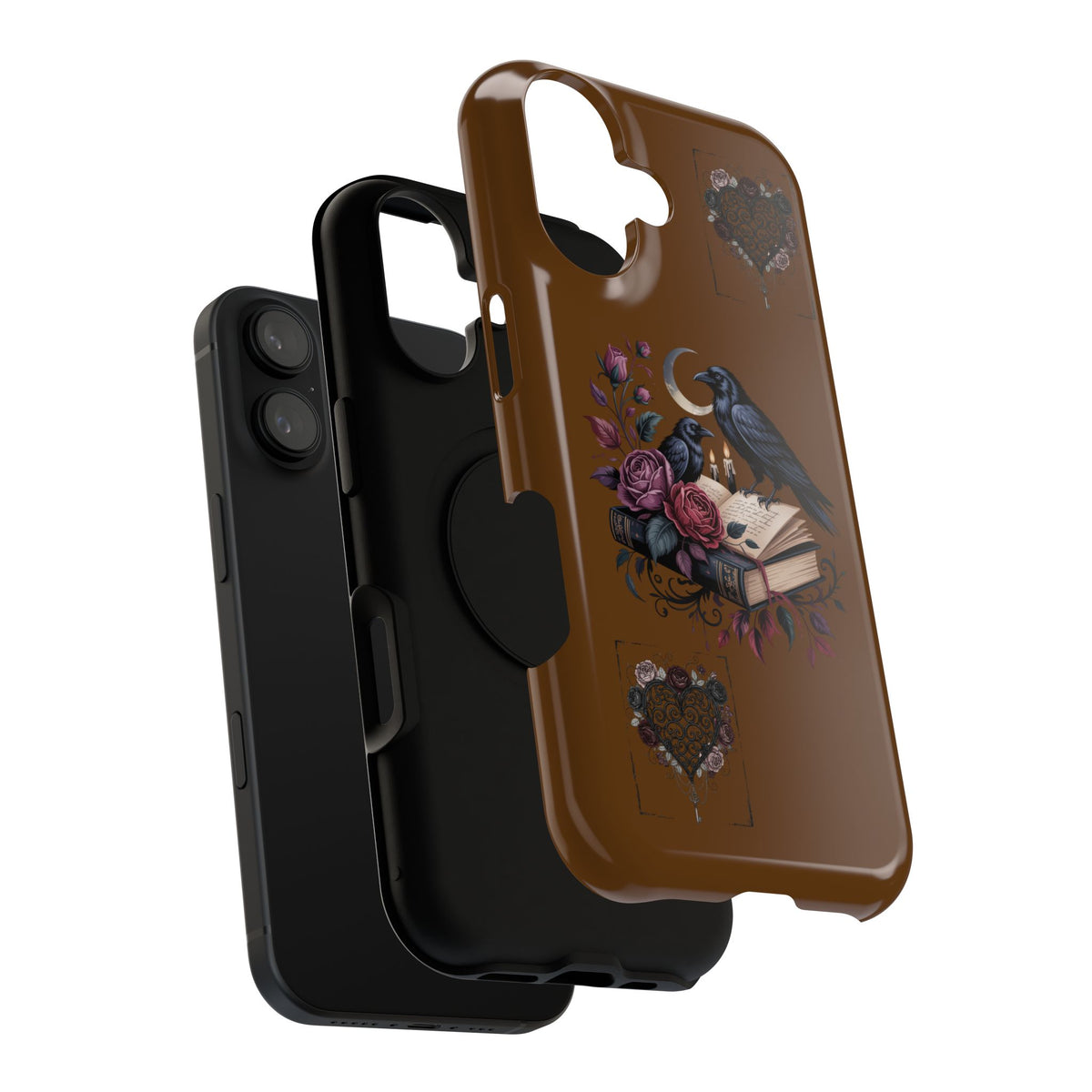 Raven & Roses Phone Case — Impact-Resistant Protective Case with Moon, Books & Floral Gothic Design