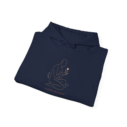 Minimal Line Art Hoodie — Figure Holding Heart Flower Illustration