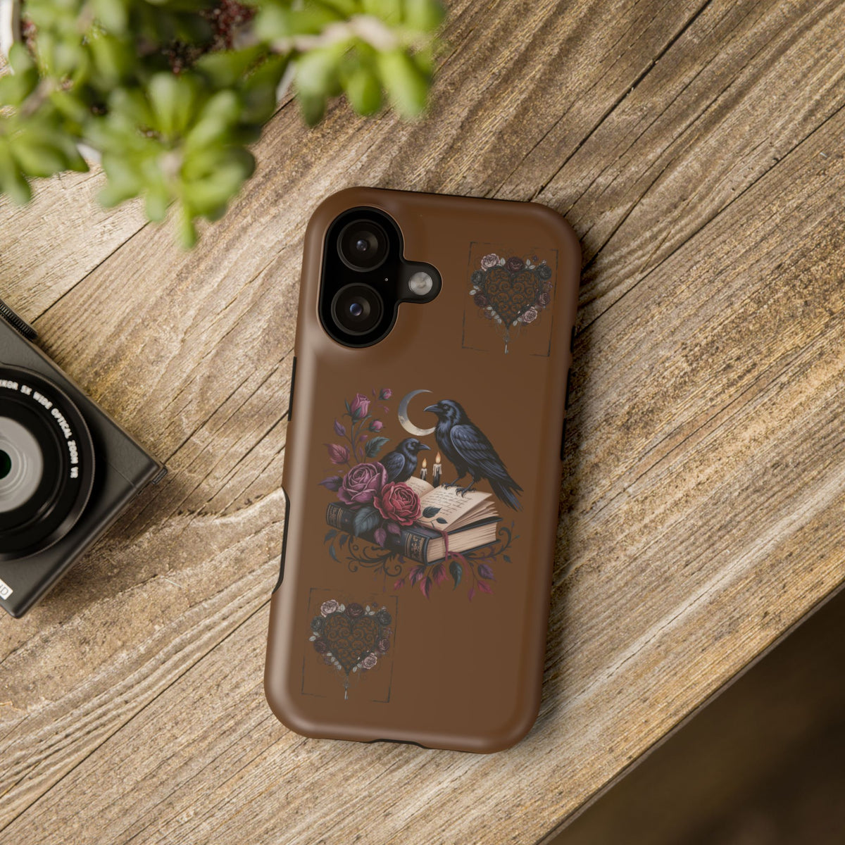 Raven & Roses Phone Case — Impact-Resistant Protective Case with Moon, Books & Floral Gothic Design