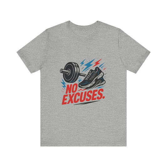 No Excuses Fitness Tee — Motivational Workout T-Shirt with Sneakers & Barbell Graphic