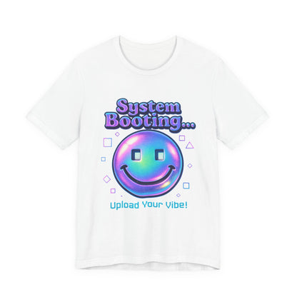 System Booting Smiley Tee — “Upload Your Vibe!” Retro Cybercore Graphic T-Shirt