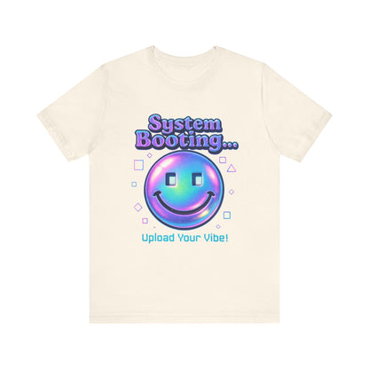 System Booting Smiley Tee — “Upload Your Vibe!” Retro Cybercore Graphic T-Shirt