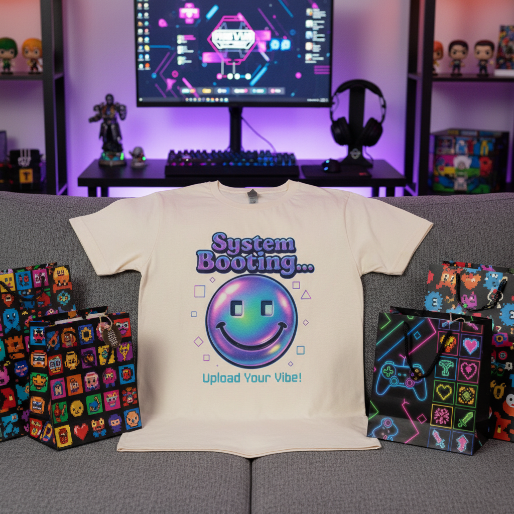 System Booting Smiley Tee — “Upload Your Vibe!” Retro Cybercore Graphic T-Shirt