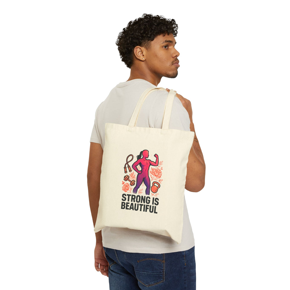 Strong Is Beautiful Canvas Tote Bag — Fitness Motivational Gym Shopper