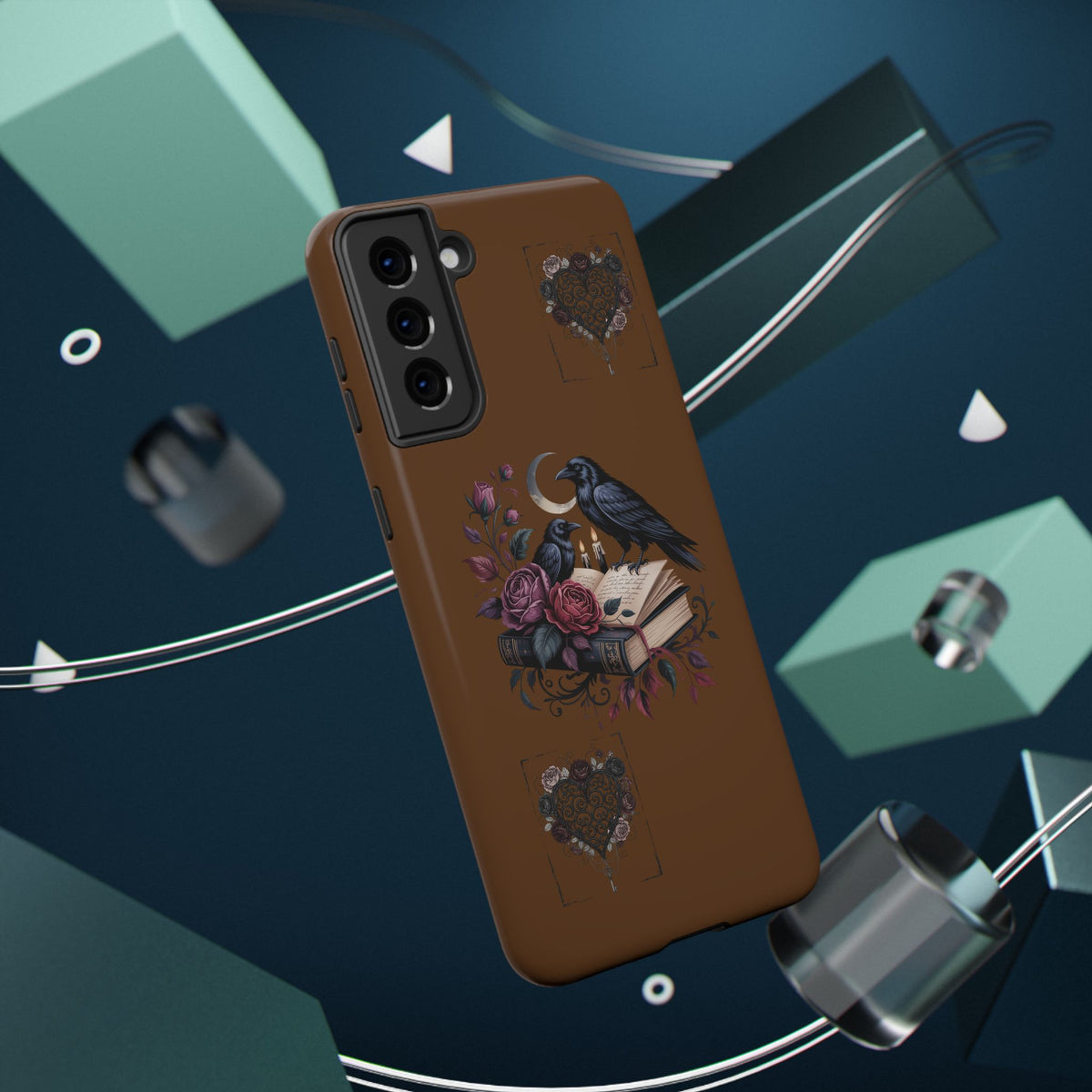 Raven & Roses Phone Case — Impact-Resistant Protective Case with Moon, Books & Floral Gothic Design