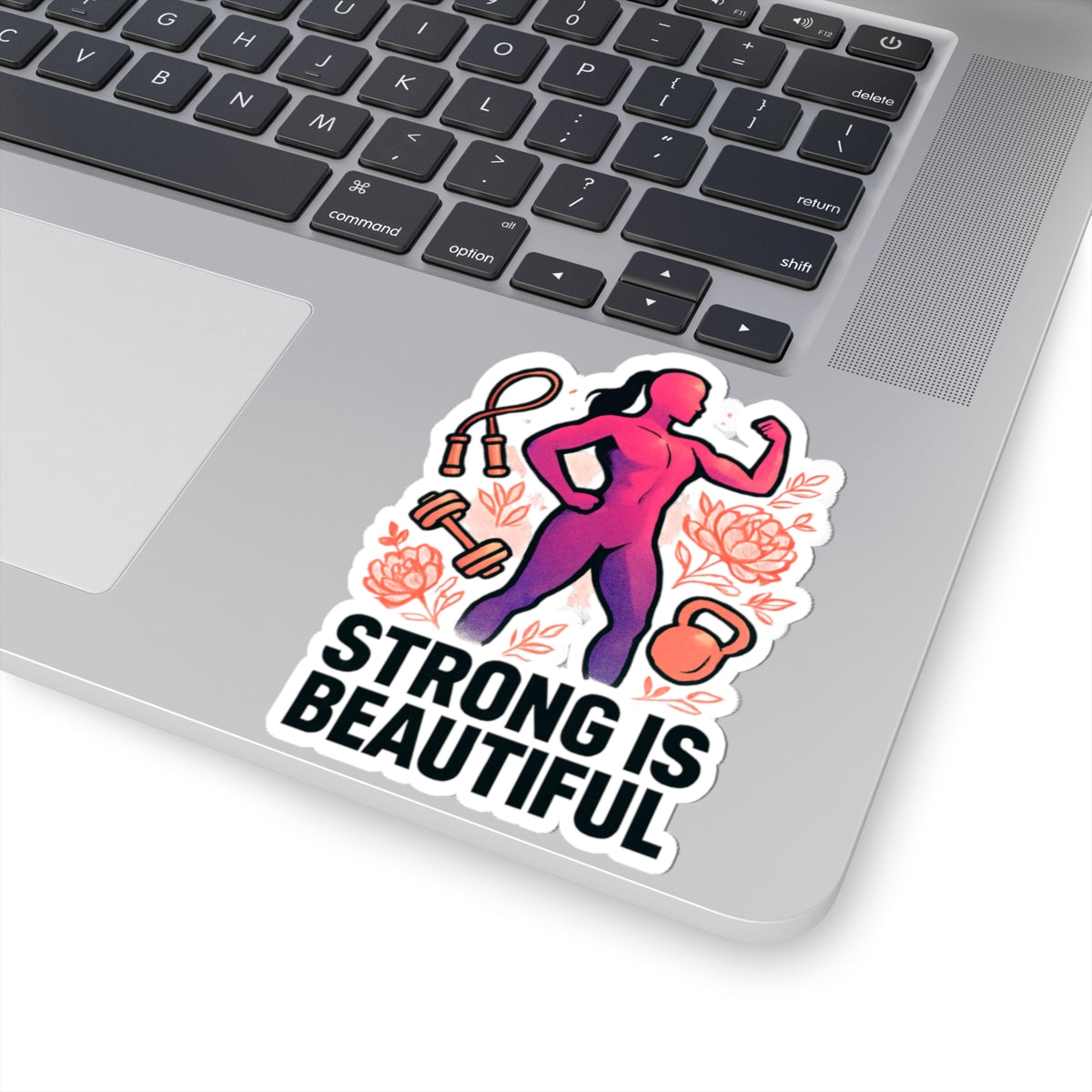 Strong Is Beautiful Sticker — Motivational Fitness Kiss-Cut Sticker for Women (Kettlebell, Dumbbell & Jump Rope Design)