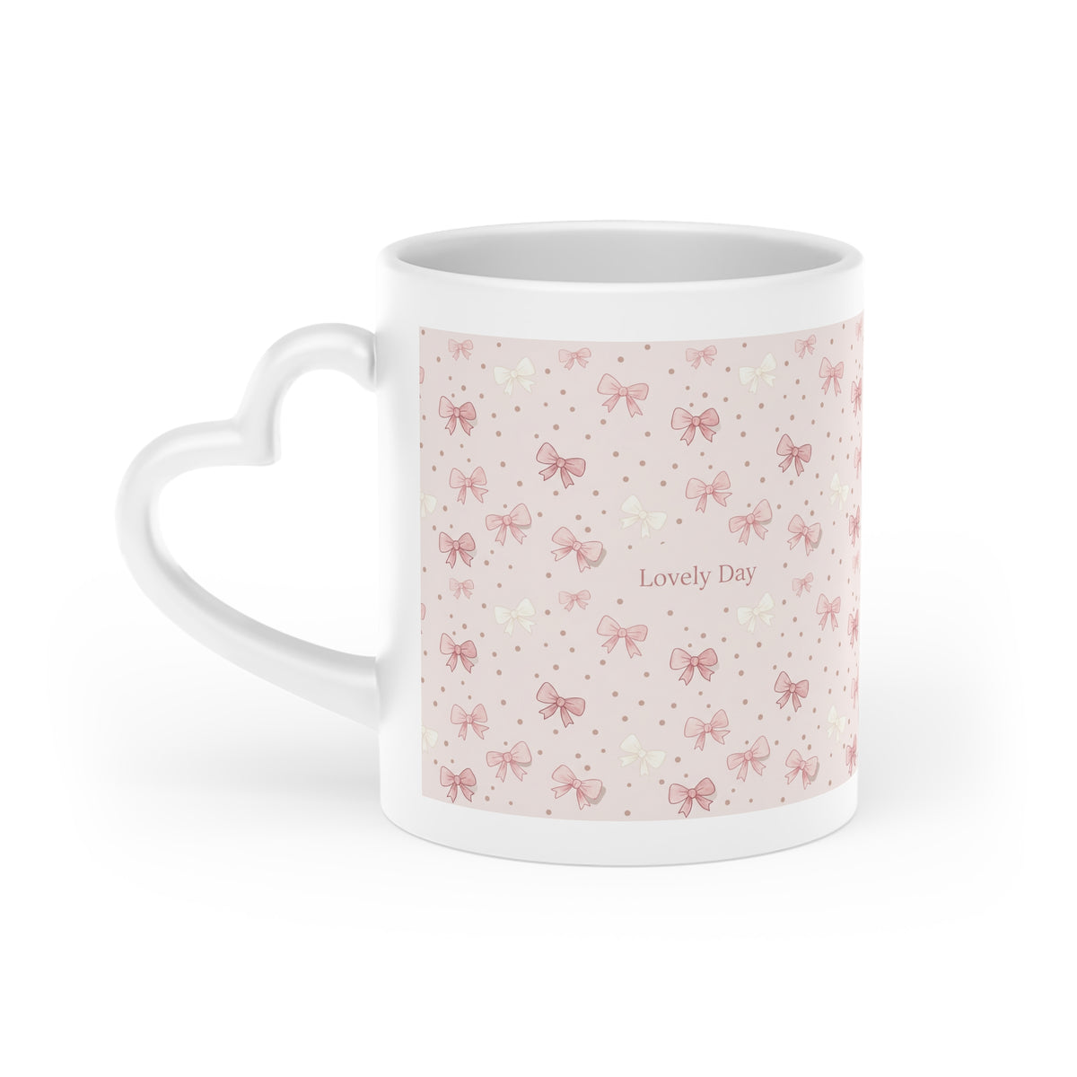 Pink Bow Pattern Mug — "Lovely Day" Ceramic Coffee Cup, Cute Romantic Gift for Her