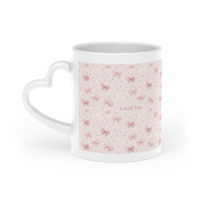 Pink Bow Pattern Mug — "Lovely Day" Ceramic Coffee Cup, Cute Romantic Gift for Her