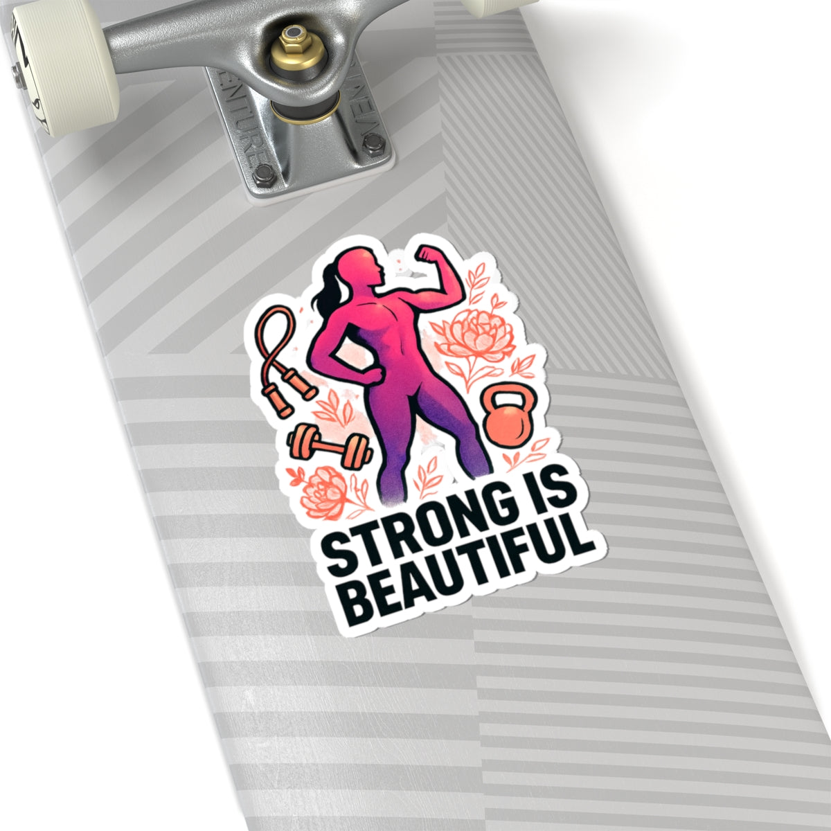 Strong Is Beautiful Sticker — Motivational Fitness Kiss-Cut Sticker for Women (Kettlebell, Dumbbell & Jump Rope Design)