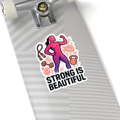 Strong Is Beautiful Sticker — Motivational Fitness Kiss-Cut Sticker for Women (Kettlebell, Dumbbell & Jump Rope Design)