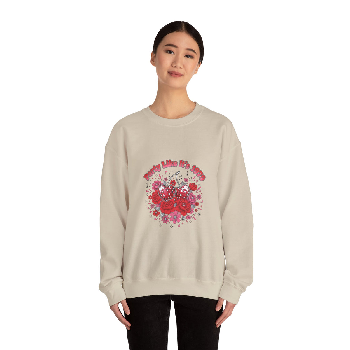 Disco Cherry Hearts Retro Romance Sweatshirt | sparkly hearts, glitter floral