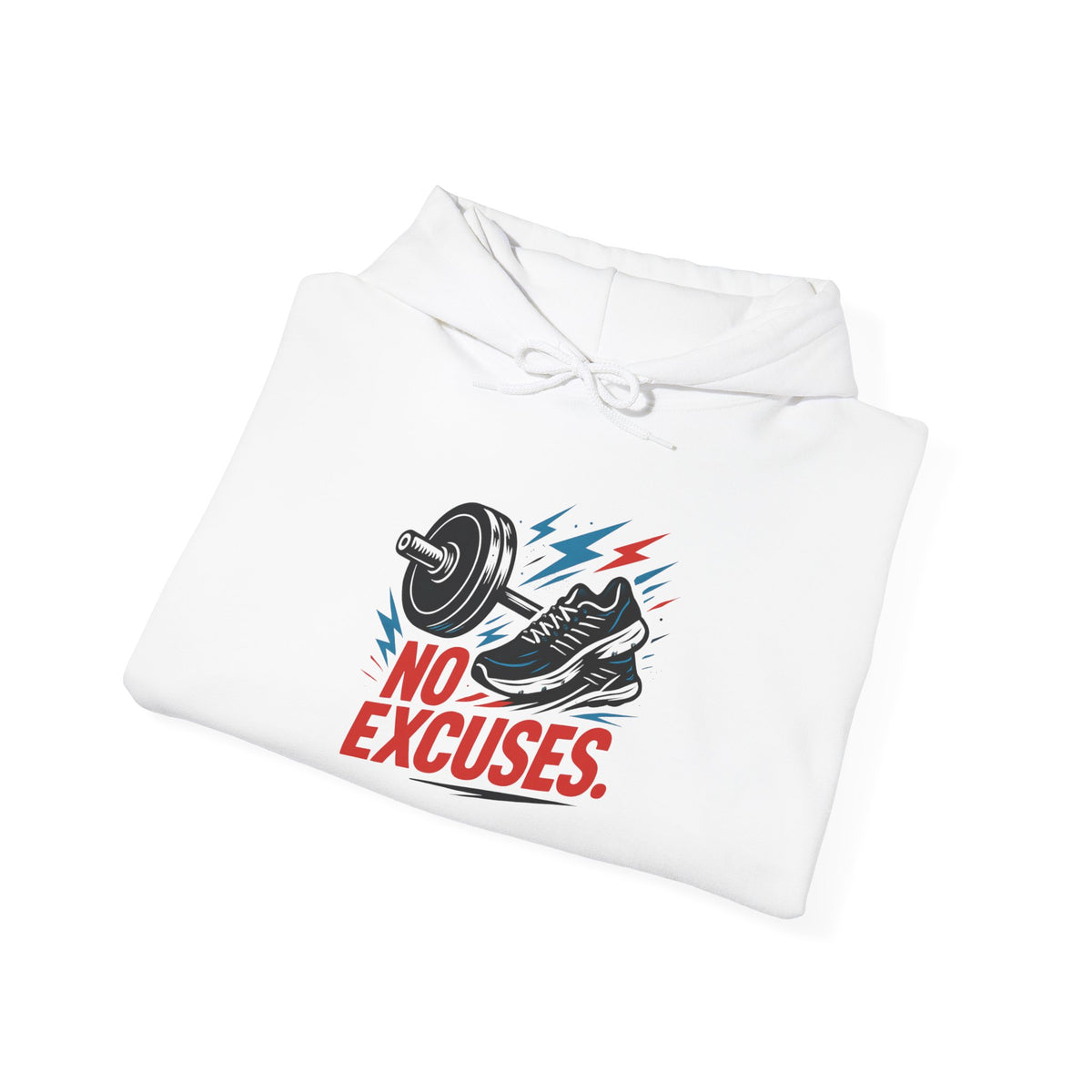 No Excuses Gym Hoodie — Motivational Fitness Sweatshirt with Dumbbell & Shoe Graphic