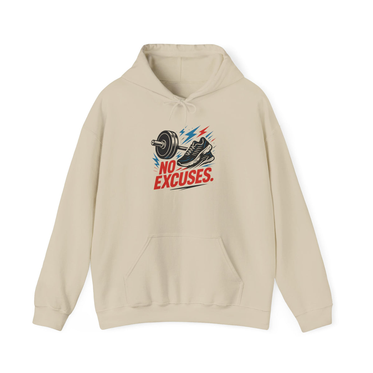 No Excuses Gym Hoodie — Motivational Fitness Sweatshirt with Dumbbell & Shoe Graphic
