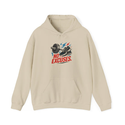 No Excuses Gym Hoodie — Motivational Fitness Sweatshirt with Dumbbell & Shoe Graphic