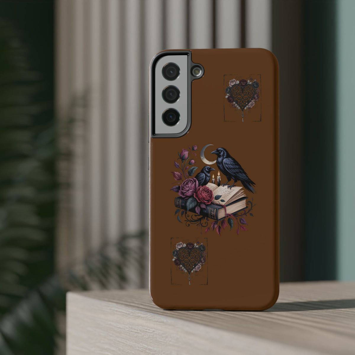Raven & Roses Phone Case — Impact-Resistant Protective Case with Moon, Books & Floral Gothic Design