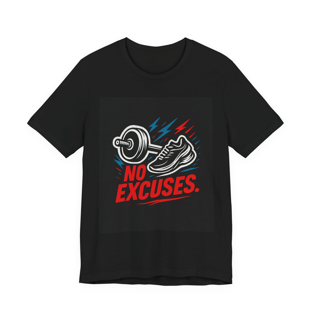 No Excuses Fitness Tee — Motivational Workout T-Shirt with Sneakers & Barbell Graphic