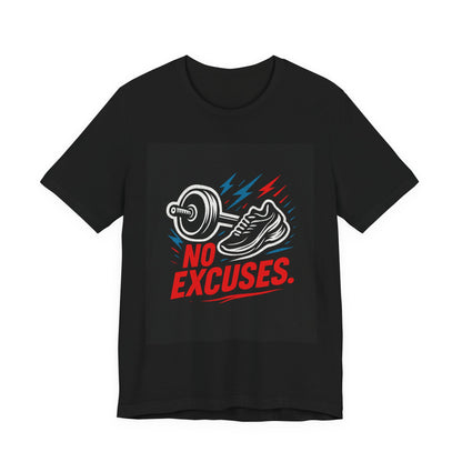 No Excuses Fitness Tee — Motivational Workout T-Shirt with Sneakers & Barbell Graphic