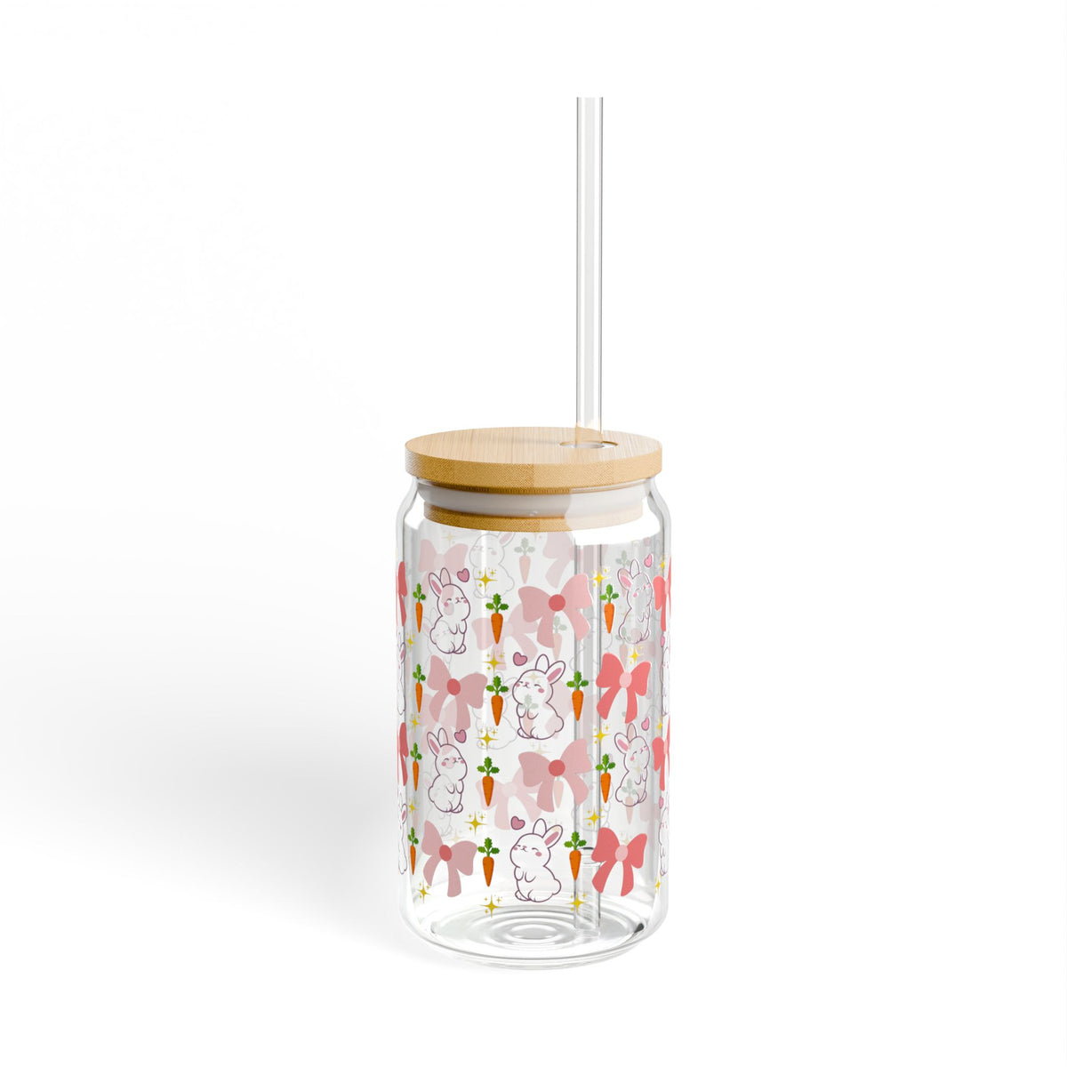 Bunny Pattern 16oz Glass Sipper with Straw — Cute Pastel Easter Design