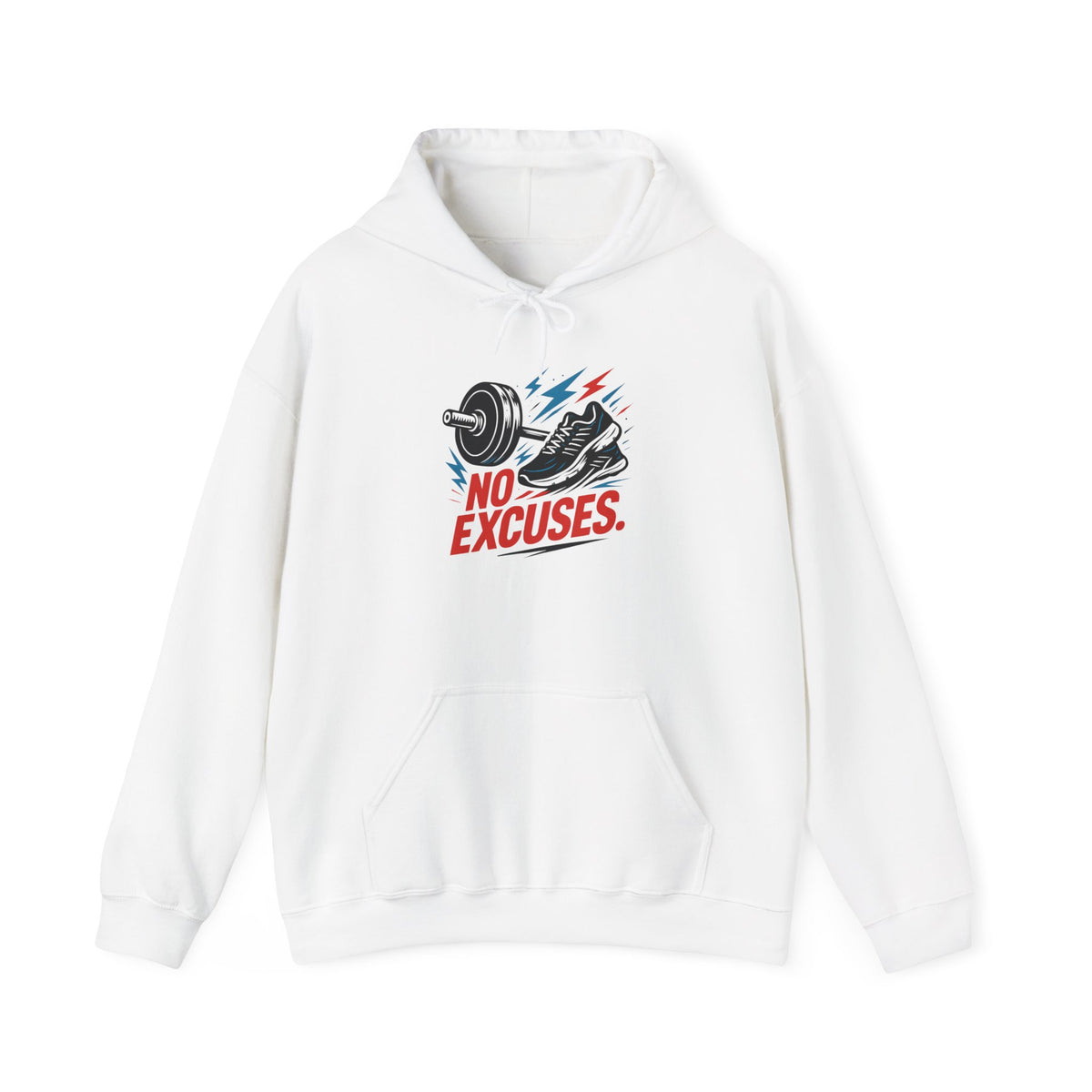 No Excuses Gym Hoodie — Motivational Fitness Sweatshirt with Dumbbell & Shoe Graphic