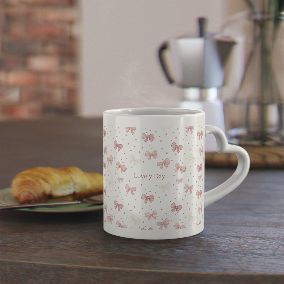 Heart Mug — Pink Bow Pattern 'Lovely Day' Ceramic Coffee Cup