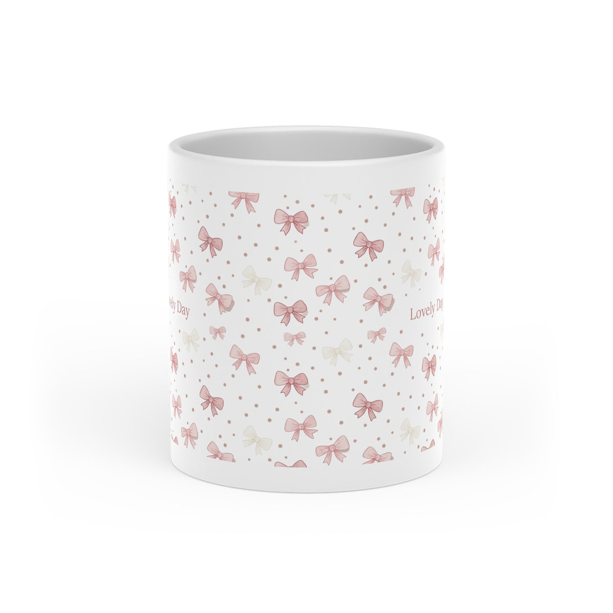 Heart Mug — Pink Bow Pattern 'Lovely Day' Ceramic Coffee Cup
